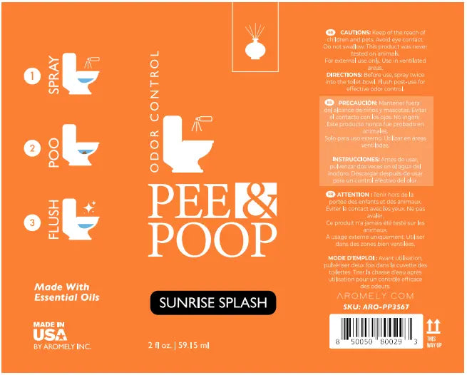 Pee & Poop Sunrise Splash toilet spray label with orange color, usage steps and safety details