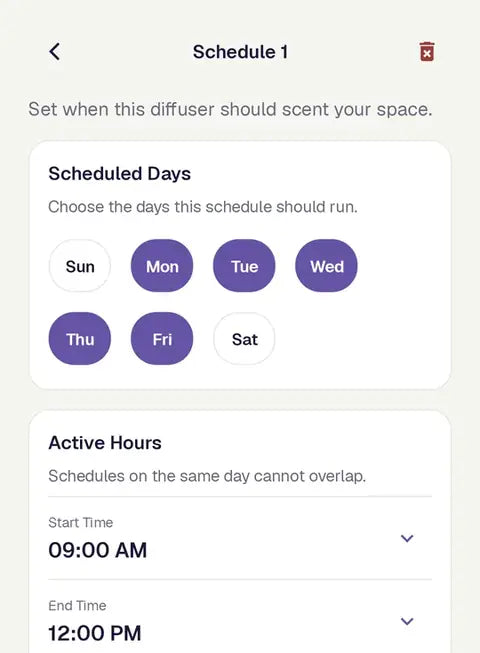 Set a schedule — Aromely app screen