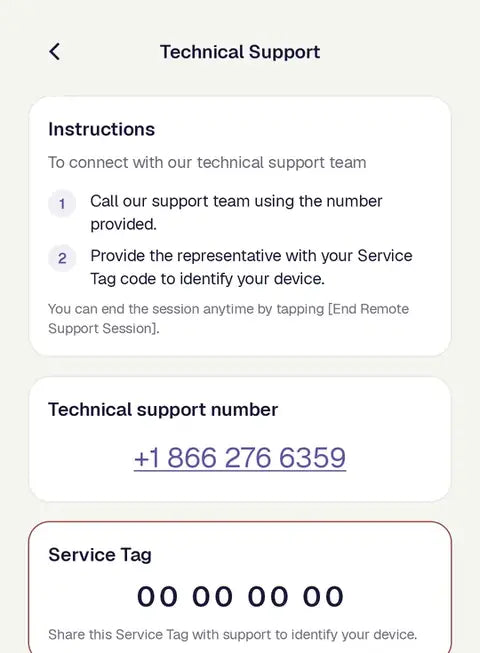 Technical support from the app — Aromely app screen