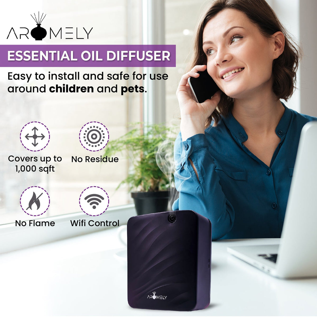 Aromely diffuser promotional graphic with a woman