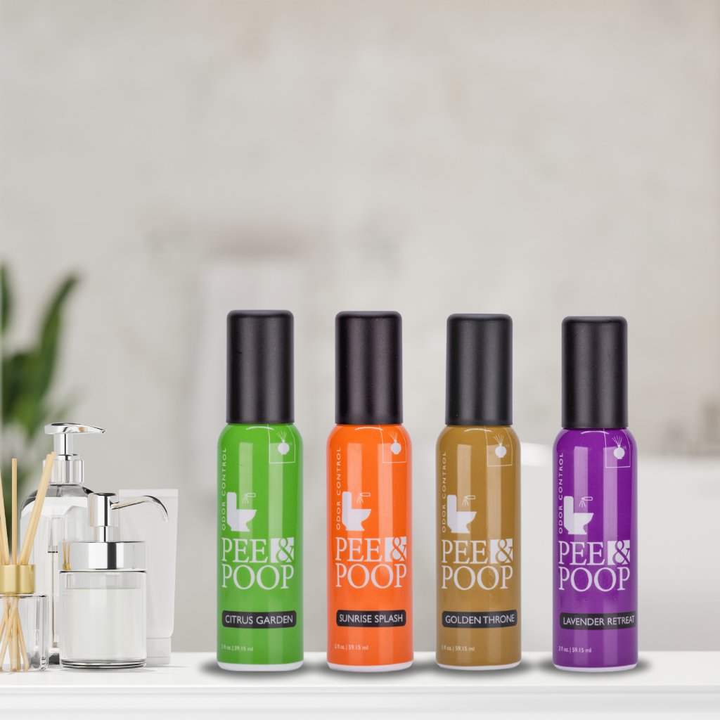Four Aromely toilet spray bottles