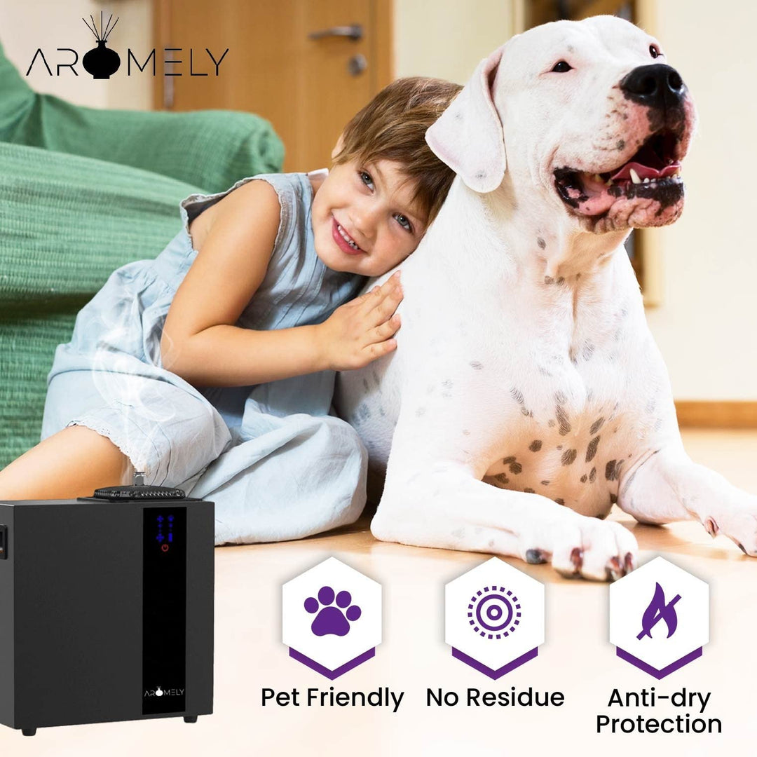 Aromely ARO-MAX Scent Diffuser next to a smiling child hugging a large dog, with icons indicating pet-friendly, no residue, and anti-dry protection features.