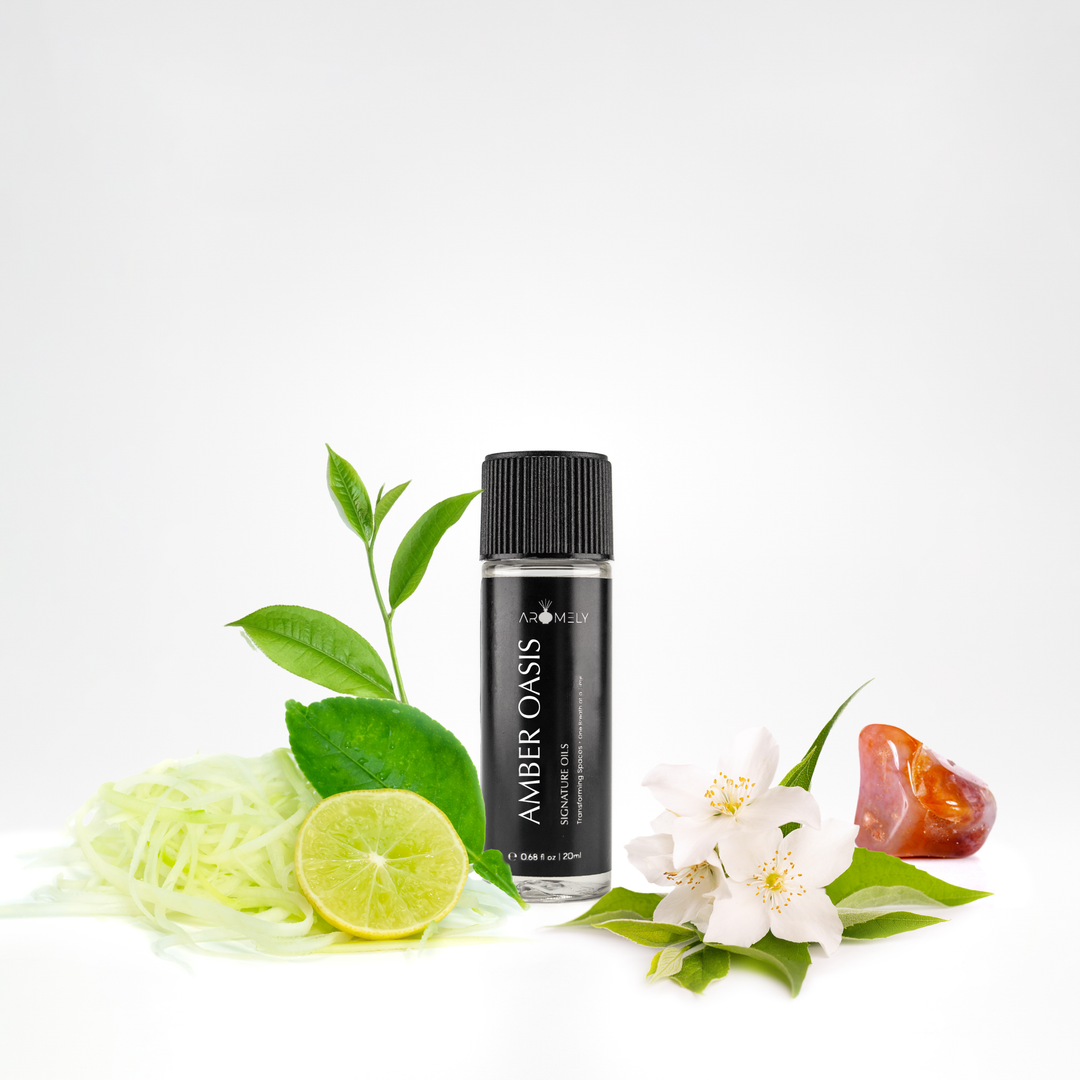 Aromely Amber Oasis essential oil blend, 20ml bottle, infused with green tea, lime, white florals, and amber resin. A warm, citrusy, and earthy scent that fills your home with the tranquility of an elegant retreat.