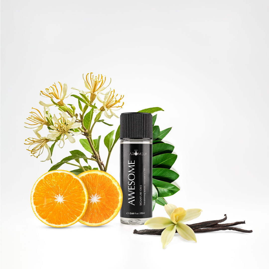 Aromely Awesome essential oil blend, 20ml bottle, featuring orange slices, honeysuckle flowers, and vanilla pods. A bright, sweet, and floral fragrance that uplifts your mood while bringing the charm of a five-star stay into your space.