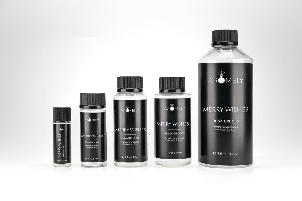 A visual comparison of all available sizes of Aromely Merry Wishes fragrance oil, from 20ml to 500ml, showcasing its festive, fresh pine scent.