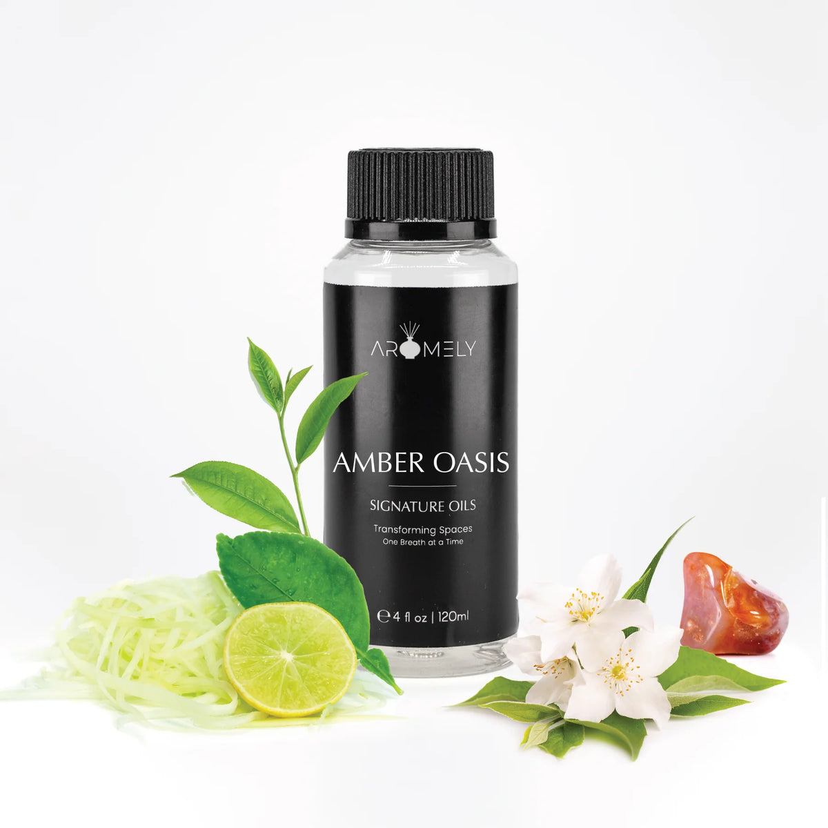 Aromely Amber Oasis diffuser oil 120ml bottle with lime, tea leaves, jasmine and amber