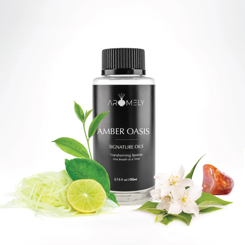 Aromely Amber Oasis diffuser oil 150ml bottle with lime, tea leaves, jasmine and amber