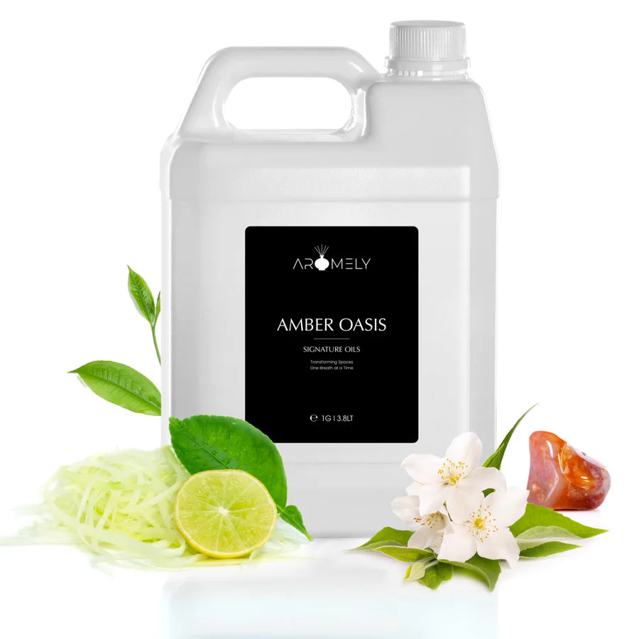 Aromely Amber Oasis diffuser oil gallon bottle with lime, tea leaves, jasmine and amber