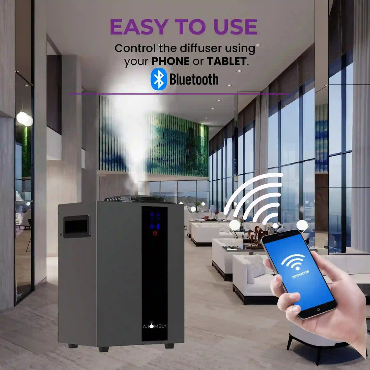 Aromely ARO-PRO scent diffuser by Aromely covers 4,000 sq ft, Bluetooth and HVAC compatible with phoine or tablet