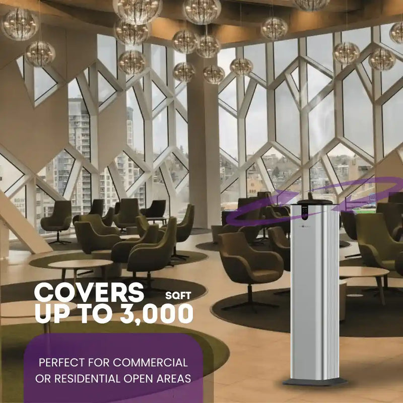 Aromely ARO-TOWER scent diffuser covers 3,000 sq ft with Bluetooth and cold air diffusion in middle of restaurant