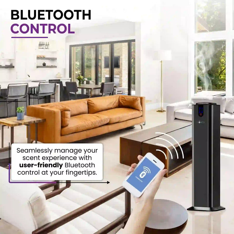 Aromely ARO-TOWER scent diffuser covers 3,000 sq ft with Bluetooth and cold air diffusion bluetooth controlled