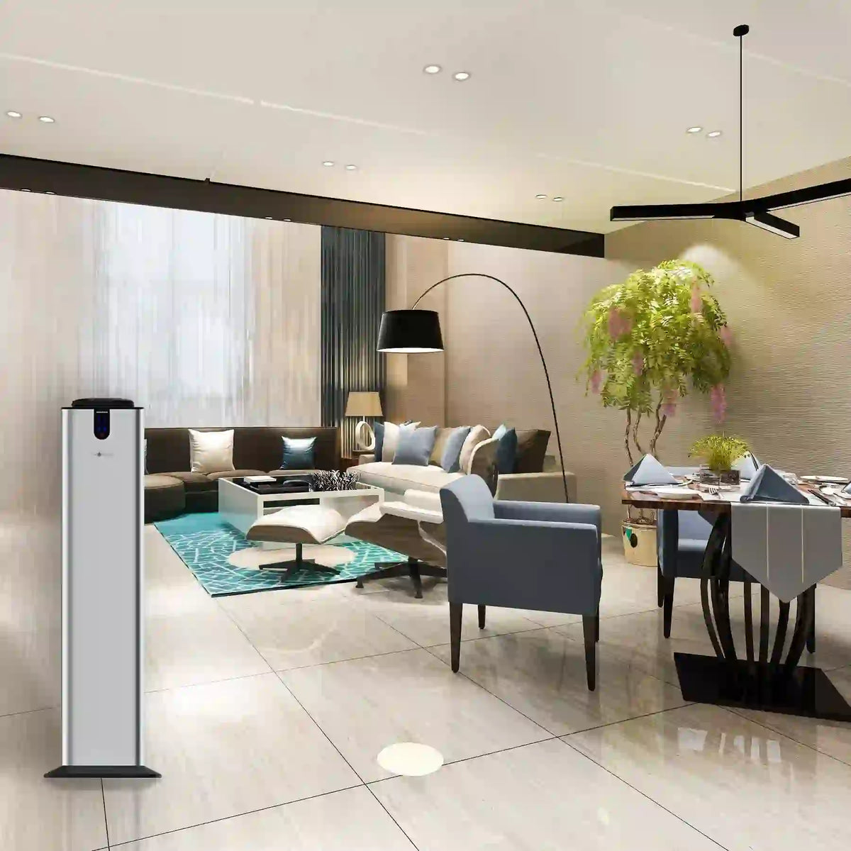 Aromely ARO-TOWER scent diffuser covers 3,000 sq ft with Bluetooth and cold air diffusion in living room