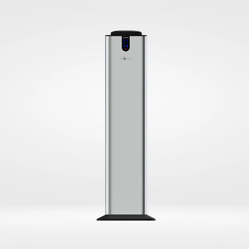 Aromely ARO-TOWER silver scent diffuser covers 3,000 sq ft with Bluetooth and cold air diffusion