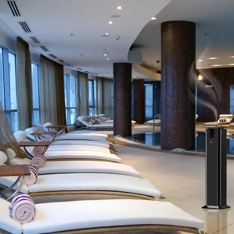 Aromely ARO-TOWER scent diffuser covers 3,000 sq ft with Bluetooth and cold air diffusion in a spa