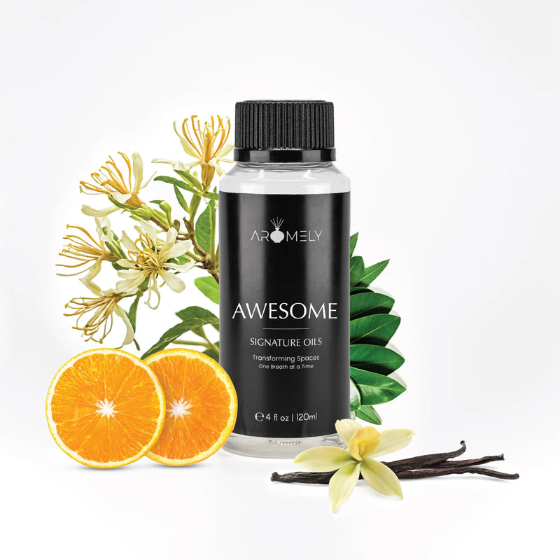 Aromely Awesome diffuser oil 120ml bottle with orange, vanilla, honeysuckle and green leaves