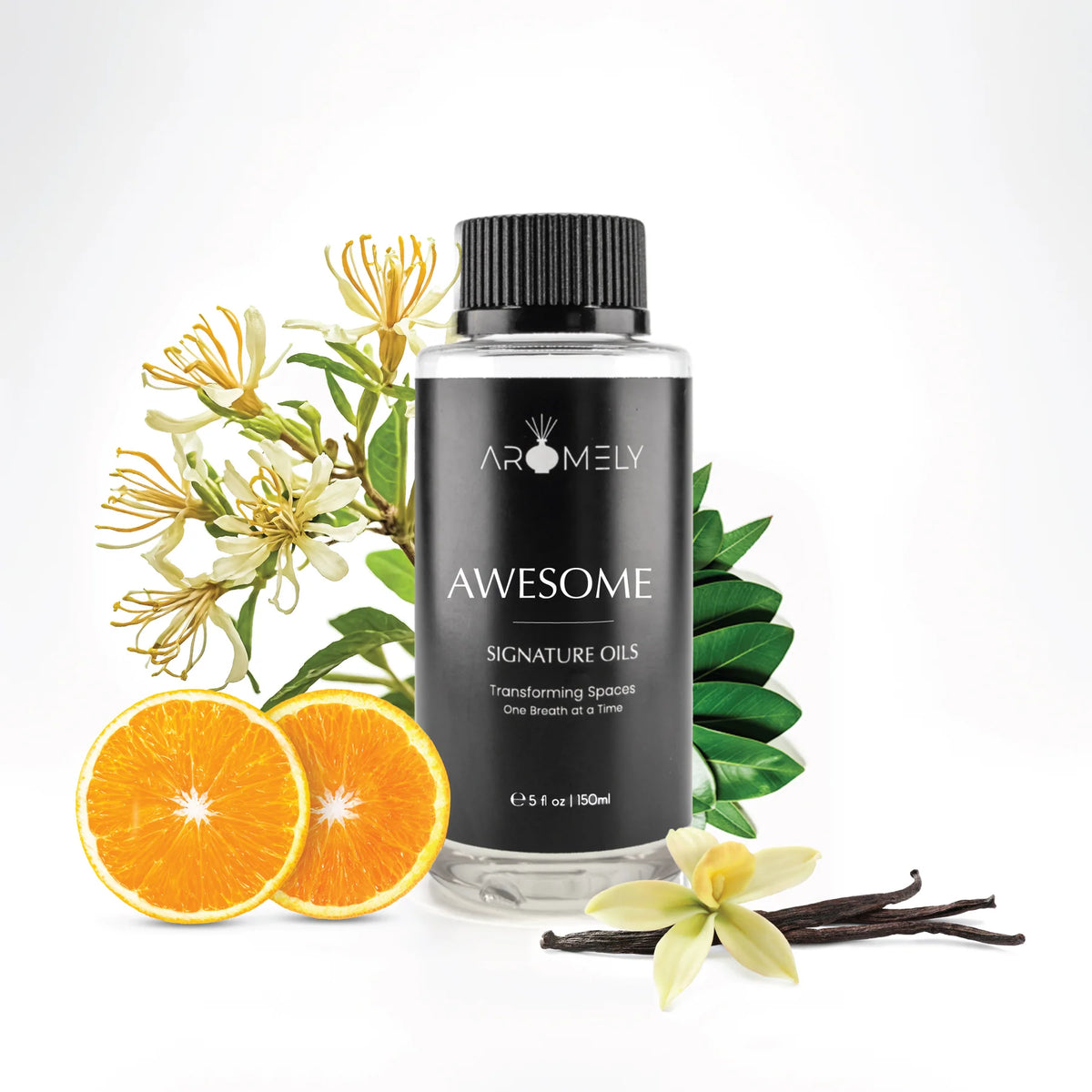 Aromely Awesome diffuser oil 150ml bottle with orange, vanilla, honeysuckle and green leaves