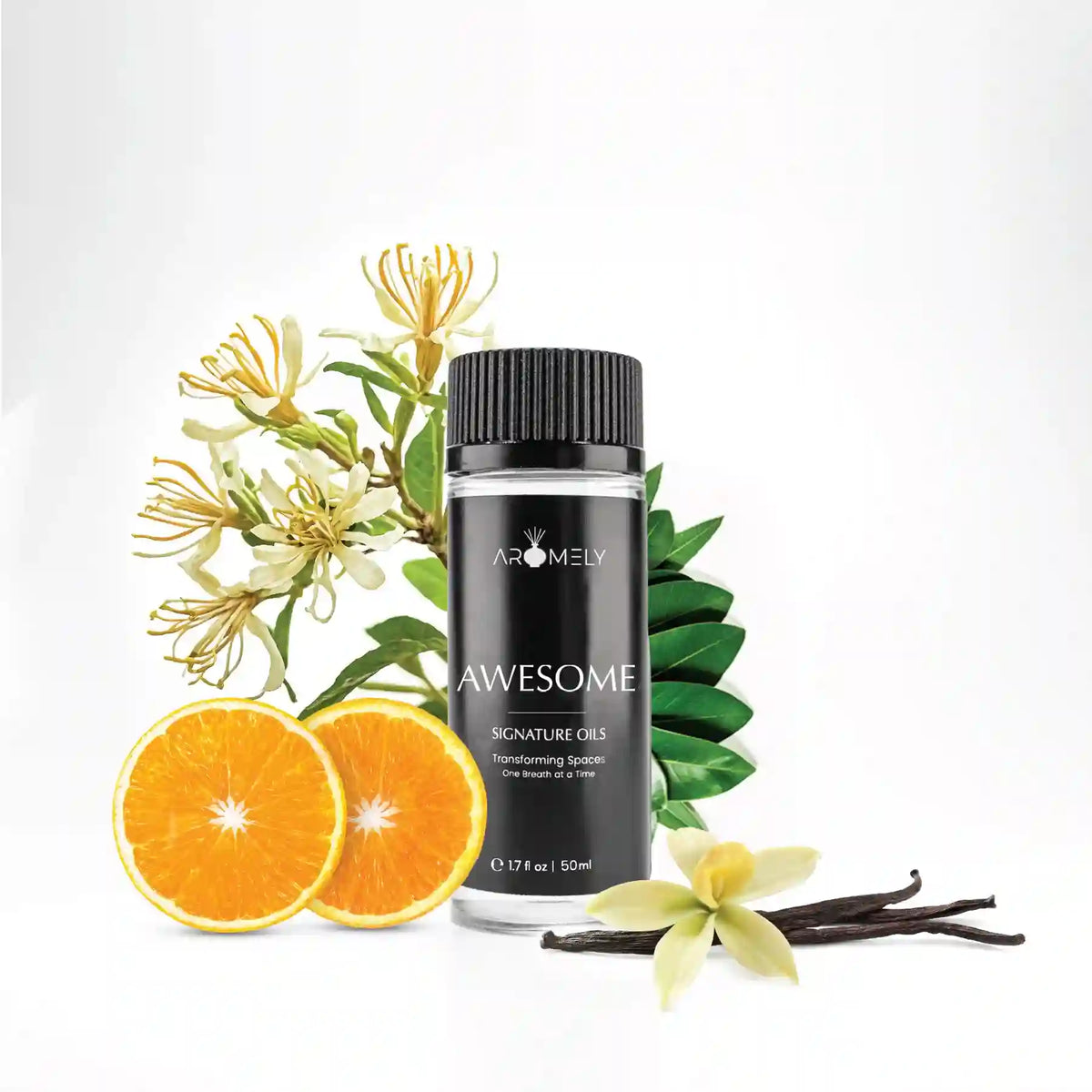Aromely Awesome diffuser oil 50ml bottle with orange, vanilla, honeysuckle and green leaves