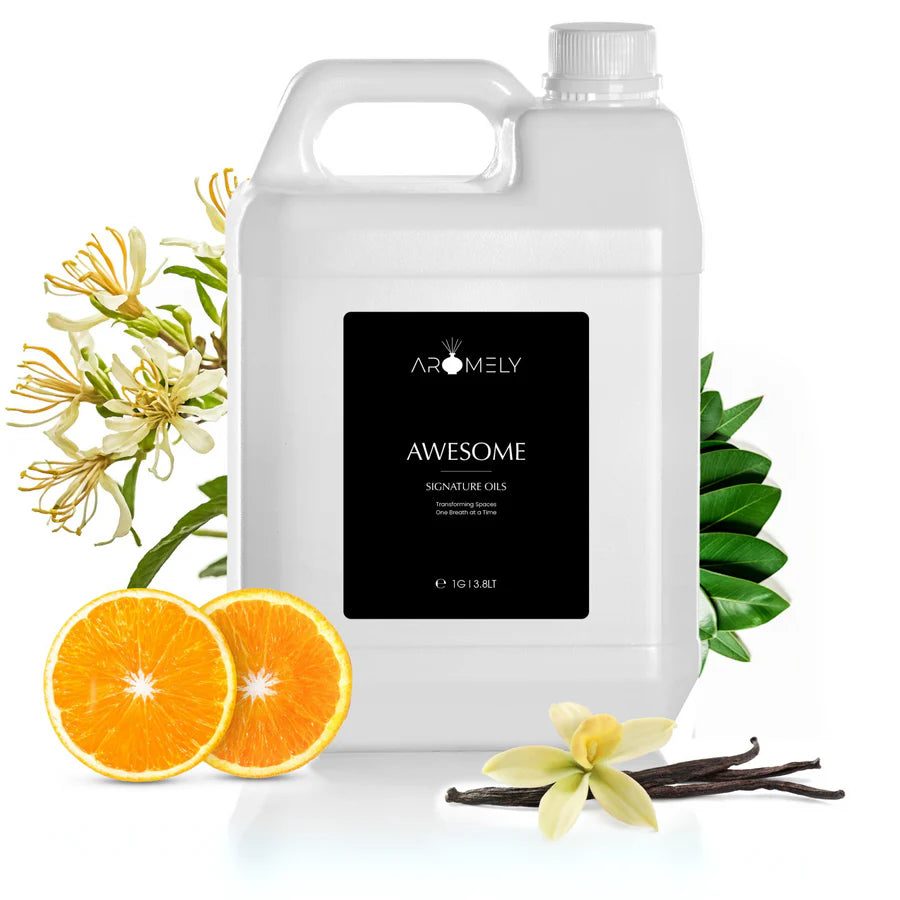 Aromely Awesome diffuser oil Gallon bottle with orange, vanilla, honeysuckle and green leaves