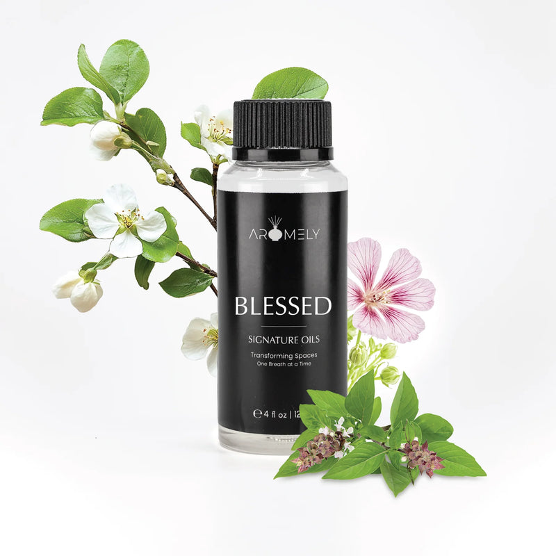 Aromely Blessed diffuser oil 120ml bottle with apple blossom, basil, geranium and white florals