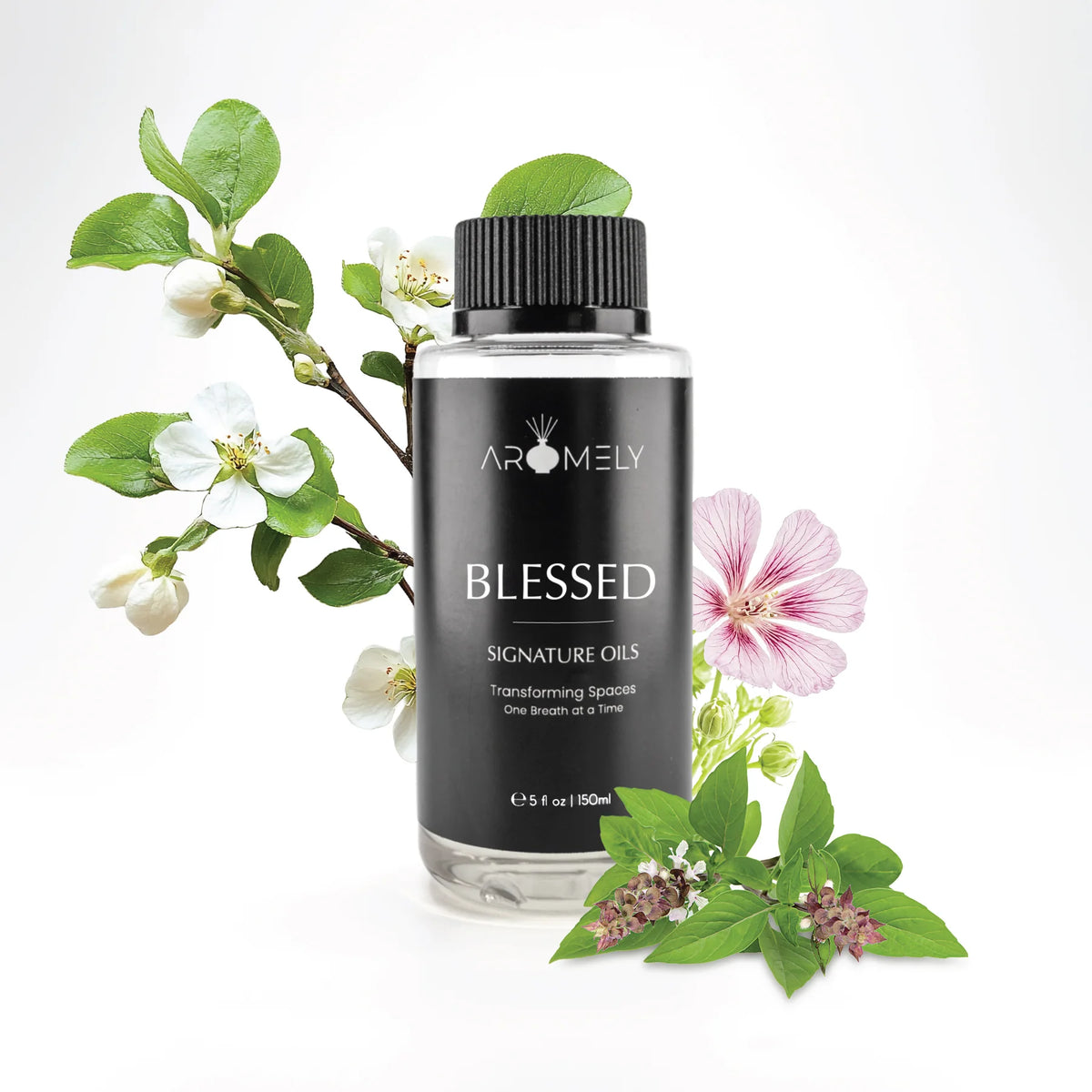 Aromely Blessed diffuser oil 150ml bottle with apple blossom, basil, geranium and white florals