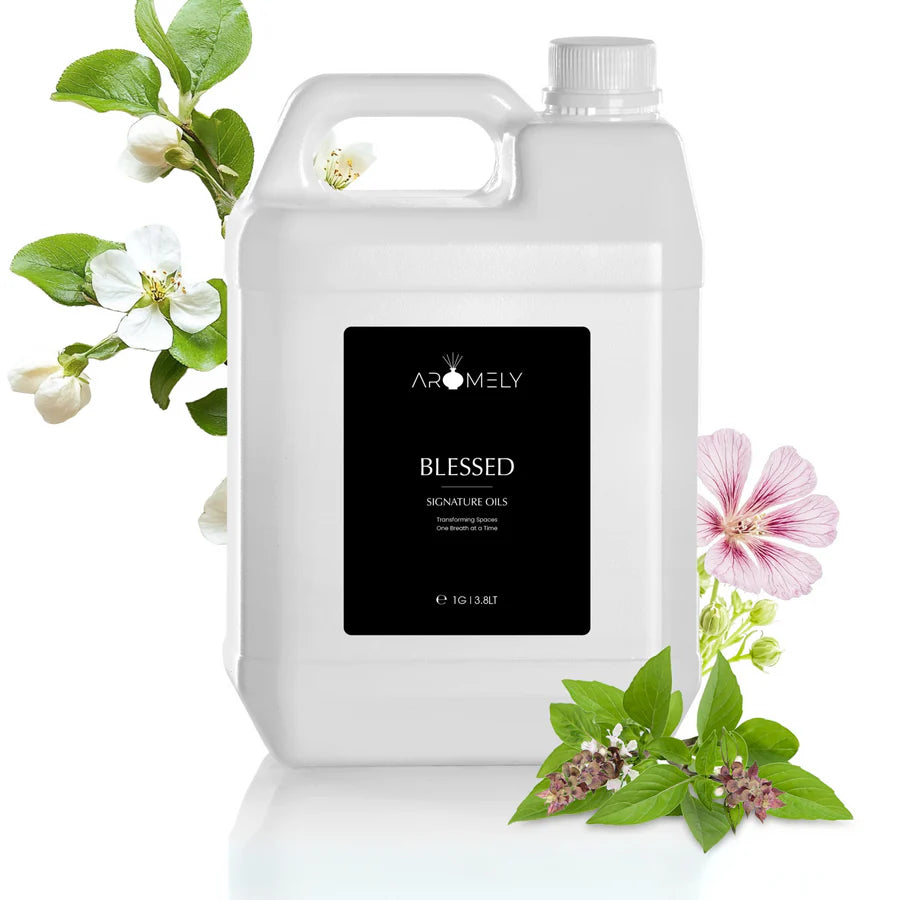 Aromely Blessed diffuser oil gallon bottle with apple blossom, basil, geranium and white florals