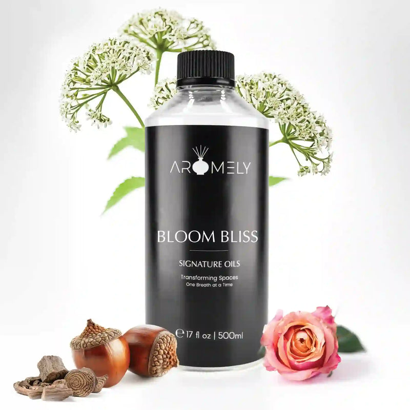 Aromely Bloom Bliss diffuser oil 500ml bottle with rose, white flowers, wood and acorn notes