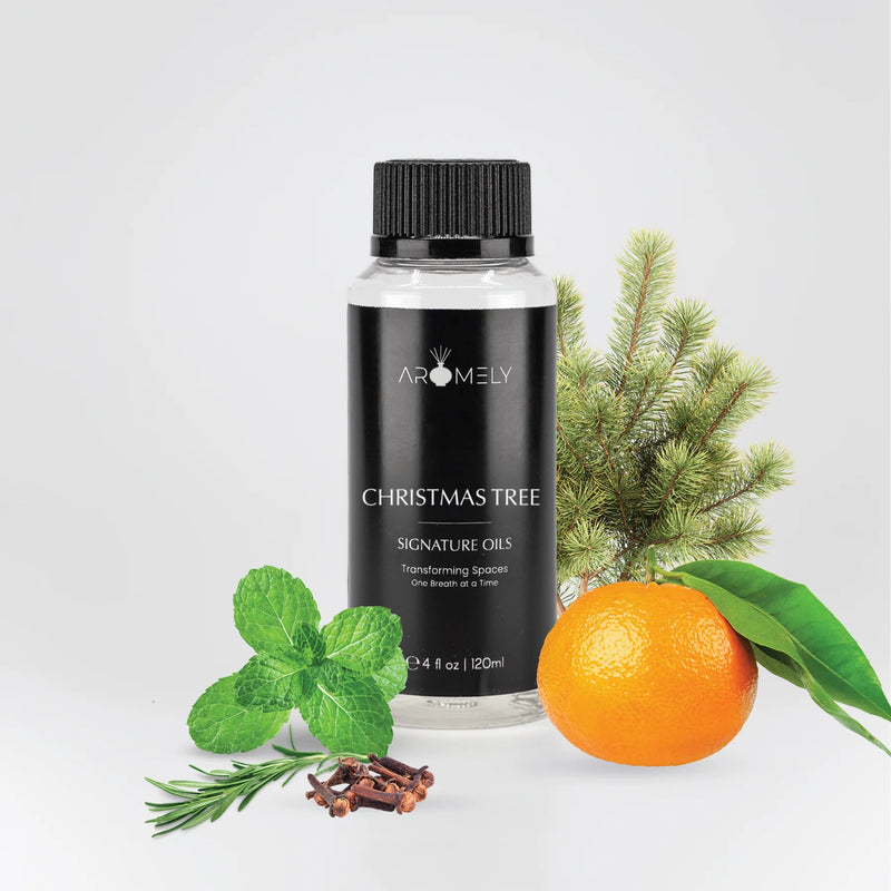 Aromely Christmas Tree diffuser oil 120ml bottle with pine, orange, mint, rosemary and clove