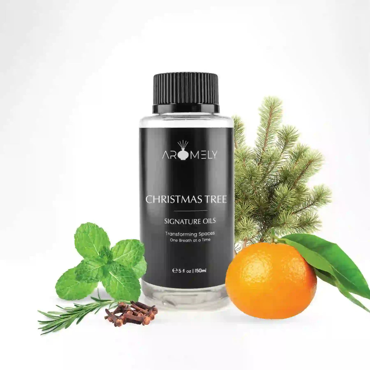 Aromely Christmas Tree diffuser oil 150ml bottle with pine, orange, mint, rosemary and clove