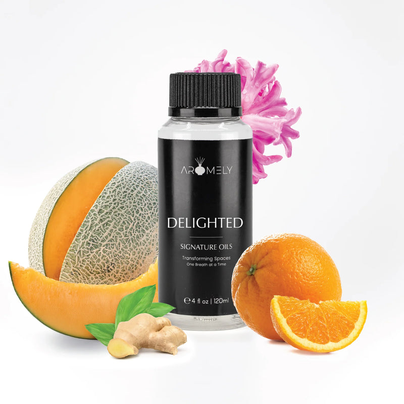 Aromely Delighted diffuser oil 120ml bottle with cantaloupe, orange, ginger and hyacinth