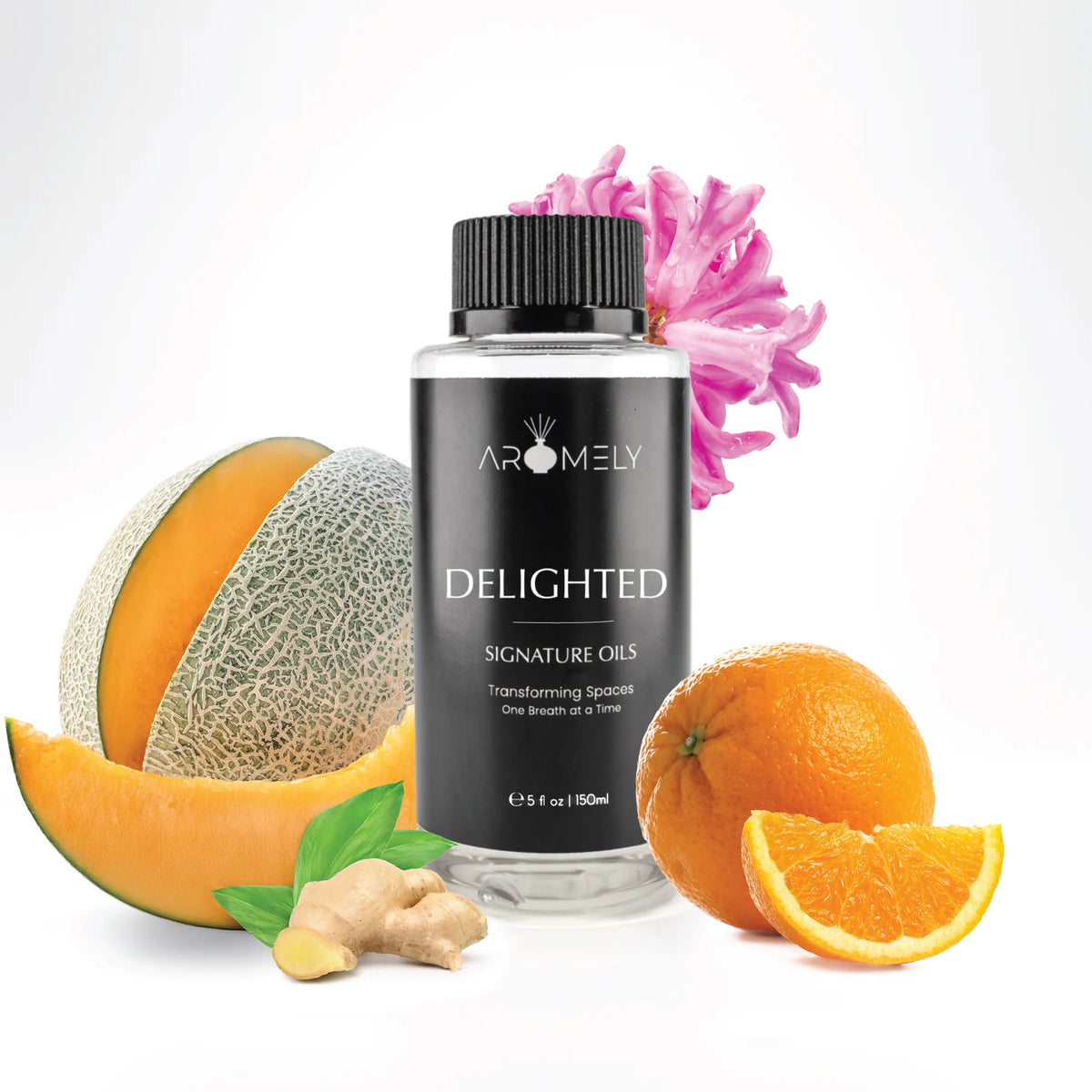 Aromely Delighted diffuser oil 150ml bottle with cantaloupe, orange, ginger and hyacinth
