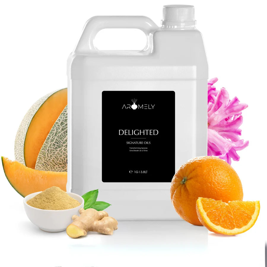 Aromely Delighted diffuser oil gallon bottle with cantaloupe, orange, ginger and hyacinth