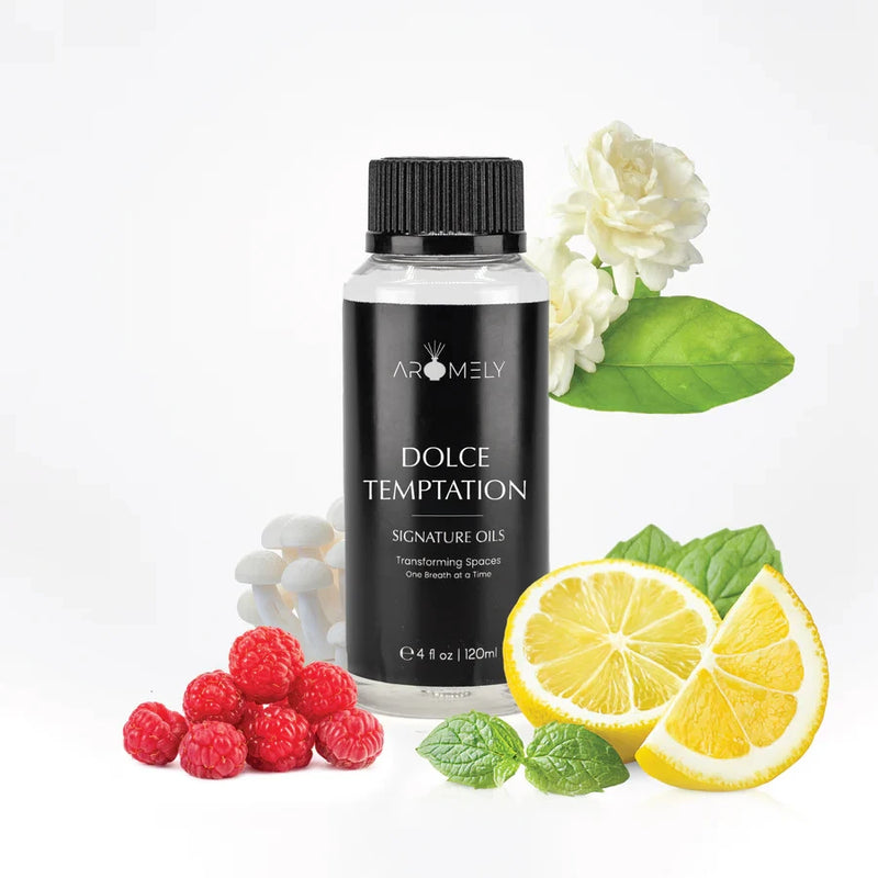 Aromely Dolce Temptation diffuser oil 120ml bottle with lemon, raspberry, mint, jasmine and musk