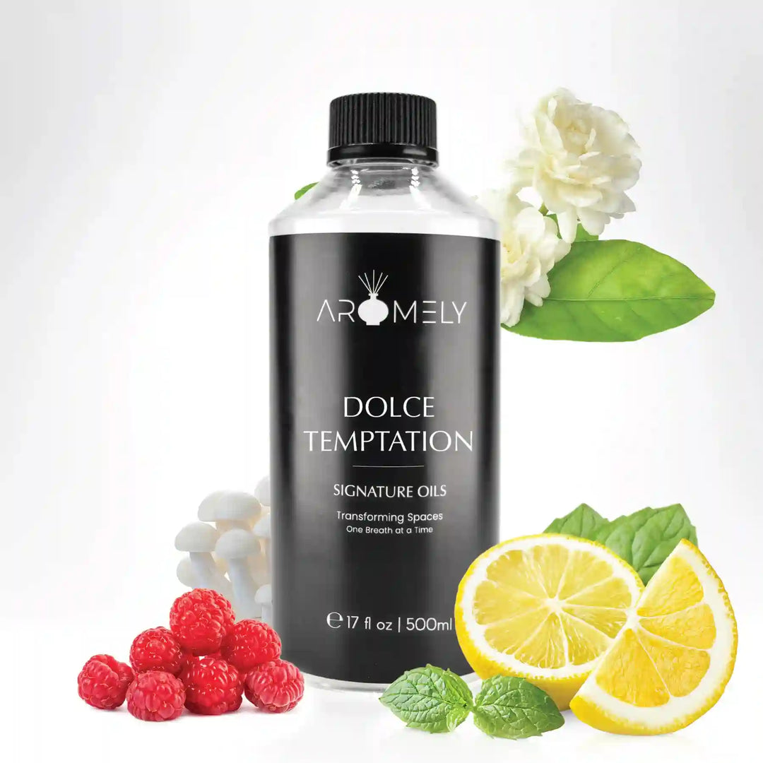 Aromely Dolce Temptation diffuser oil 500ml bottle with lemon, raspberry, mint, jasmine and musk