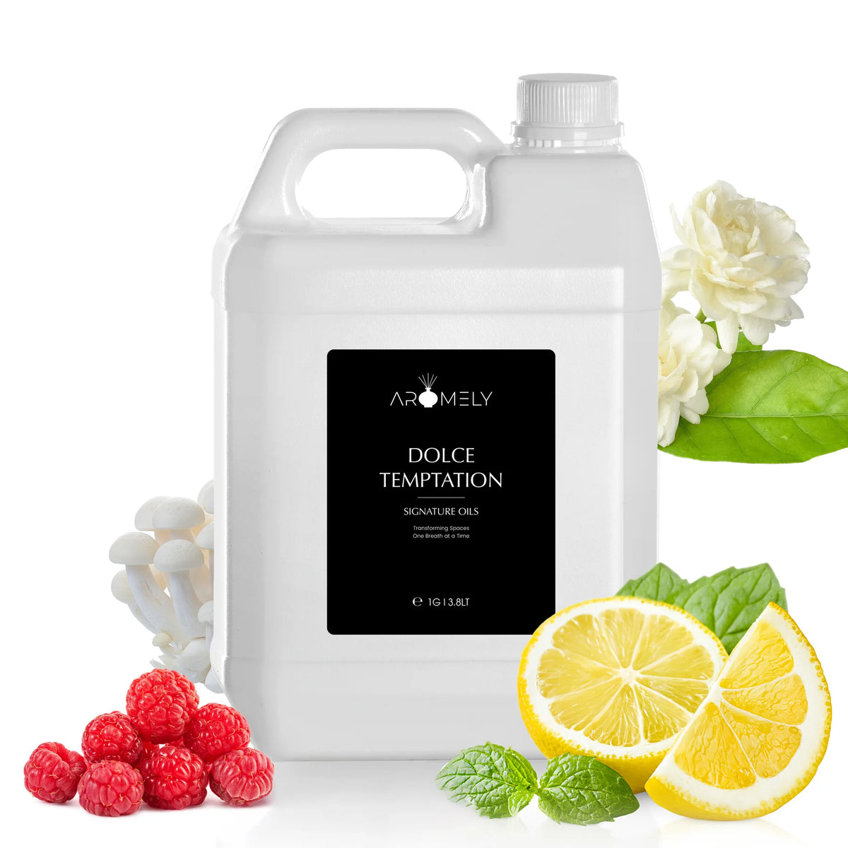 Aromely Dolce Temptation diffuser oil gallon bottle with lemon, raspberry, mint, jasmine and musk