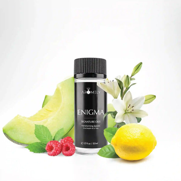 Aromely Enigma diffuser oil 50ml bottle with melon, lemon, raspberry and white lily