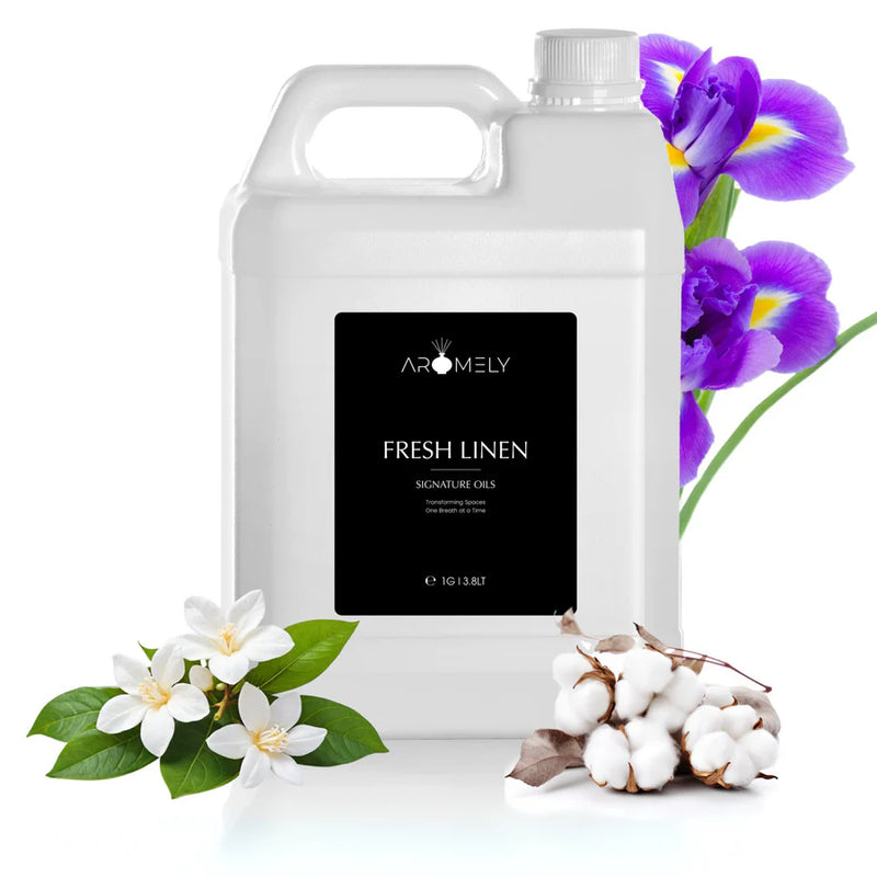 Aromely Fresh Linen diffuser oil gallon bottle with cotton, jasmine and purple iris flowers