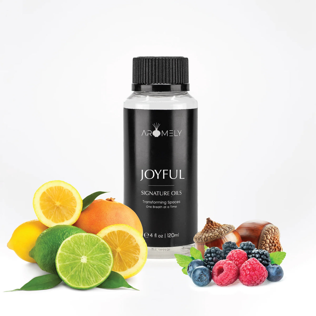 Aromely Joyful diffuser oil 120ml bottle with citrus fruits, berries, hazelnut and acorn