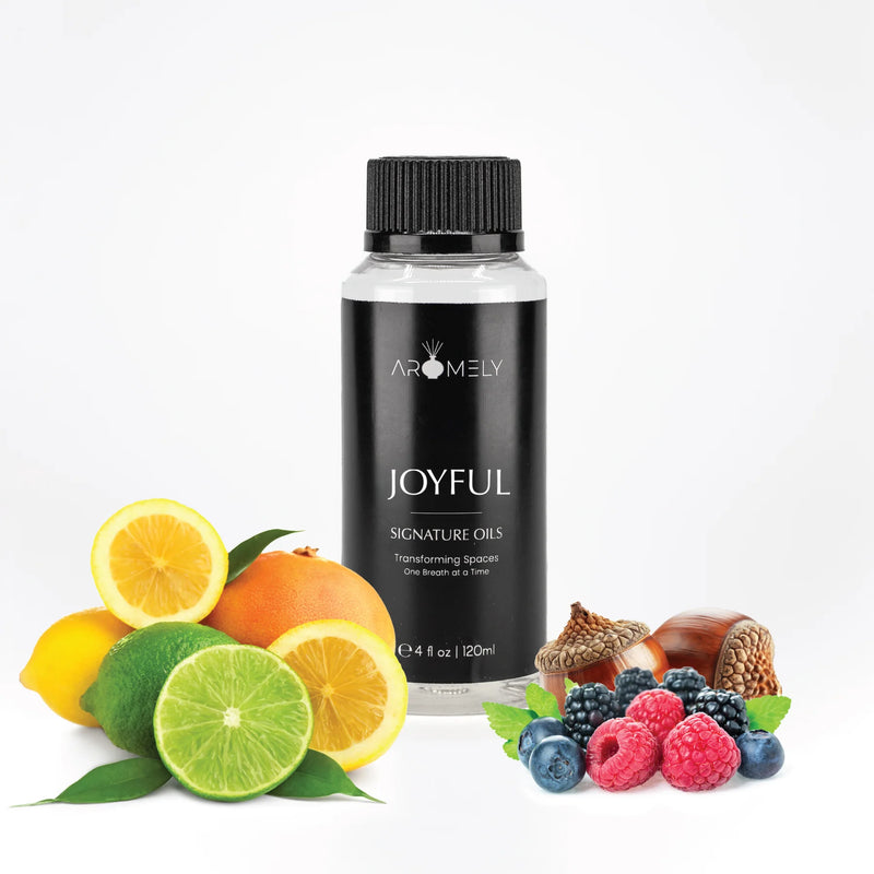 Aromely Joyful diffuser oil 120ml bottle with citrus fruits, berries, hazelnut and acorn