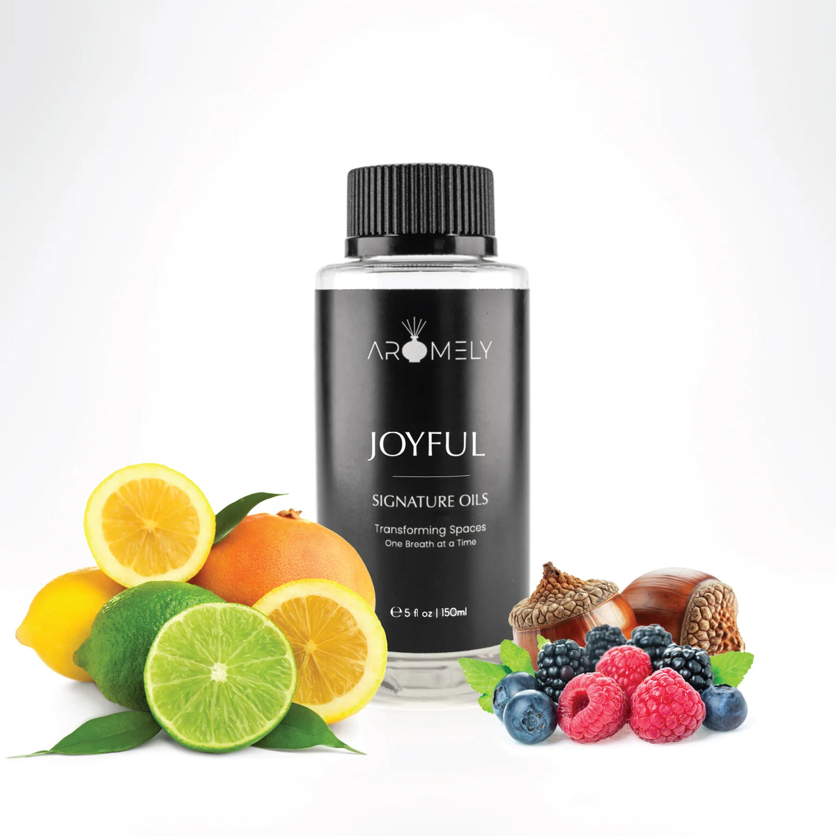 Aromely Joyful diffuser oil 150ml bottle with citrus fruits, berries, hazelnut and acorn