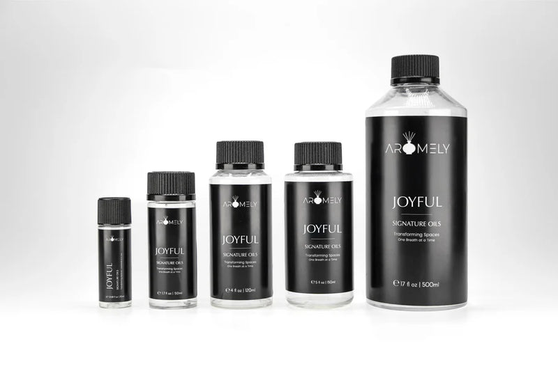 Aromely Joyful diffuser oil  bottle sizes with citrus fruits, berries, hazelnut and acorn