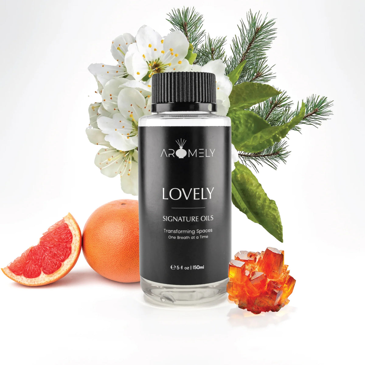 Aromely Lovely diffuser oil 150ml bottle with grapefruit, pine, white blossoms and amber
