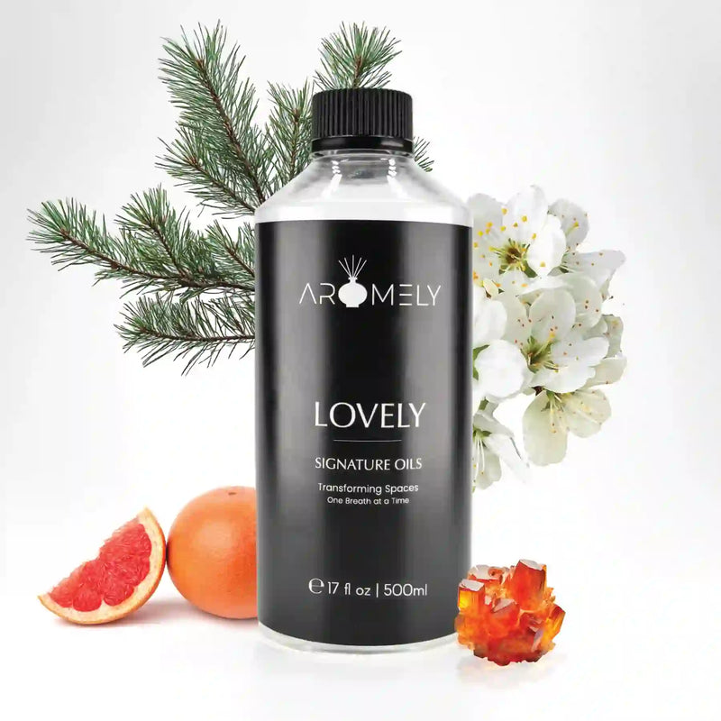 Aromely Lovely diffuser oil 500ml bottle with grapefruit, pine, white blossoms and amber
