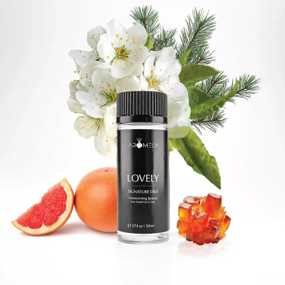 Aromely Lovely diffuser oil 50ml bottle with grapefruit, pine, white blossoms and amber
