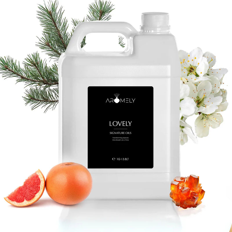 Aromely Lovely diffuser oil gallon bottle with grapefruit, pine, white blossoms and amber
