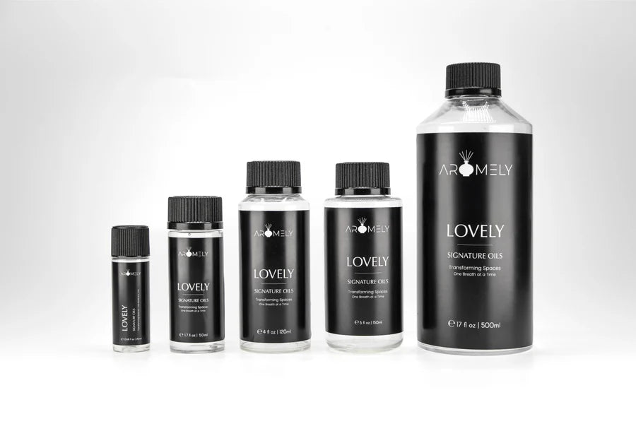 Aromely Lovely diffuser oil  bottle sizes with grapefruit, pine, white blossoms and amber
