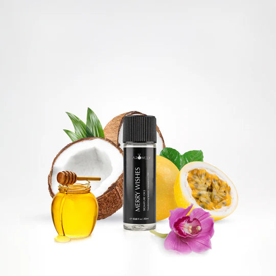 Aromely Merry Wishes diffuser oil 20ml bottle with coconut, honey, passionfruit, lemon and orchid