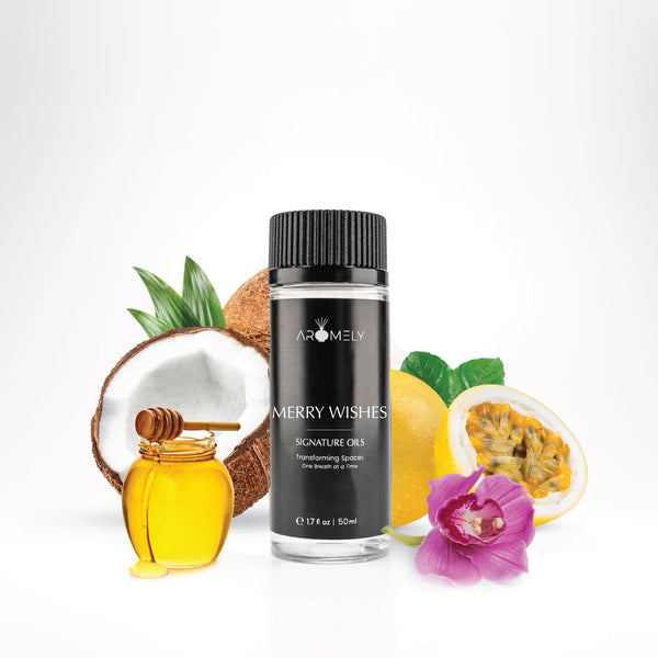 Aromely Merry Wishes diffuser oil 50ml bottle with coconut, honey, passionfruit, lemon and orchid