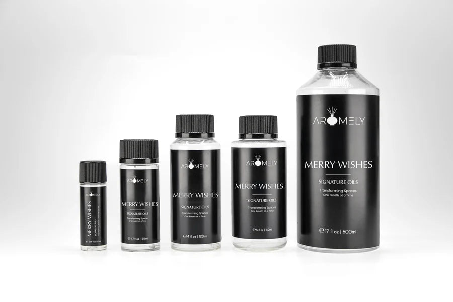 Aromely Merry Wishes diffuser oil sizes bottle with coconut, honey, passionfruit, lemon and orchid