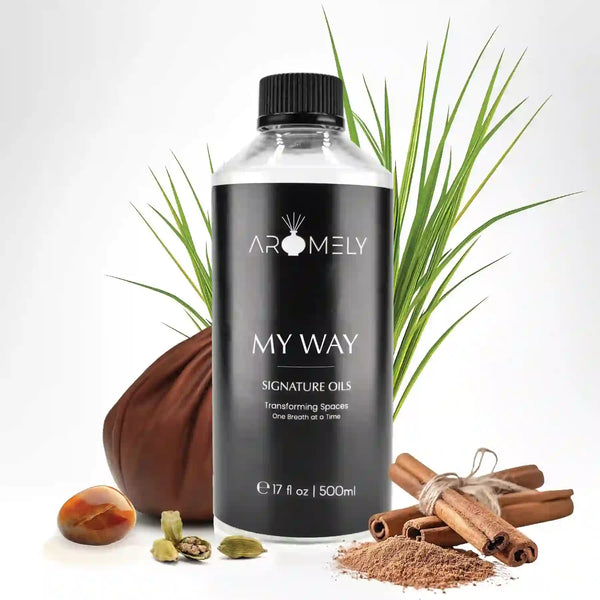 Aromely My Way diffuser oil 500ml bottle with cinnamon, cardamom, nutmeg and vetiver