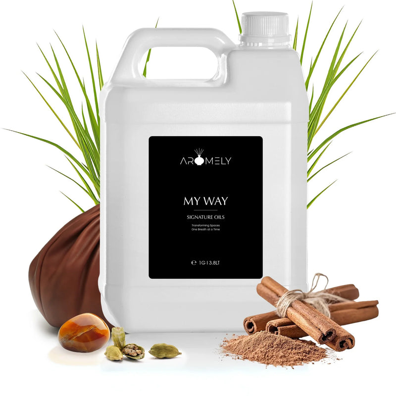 Aromely My Way diffuser oil gallon bottle with cinnamon, cardamom, nutmeg and vetiver